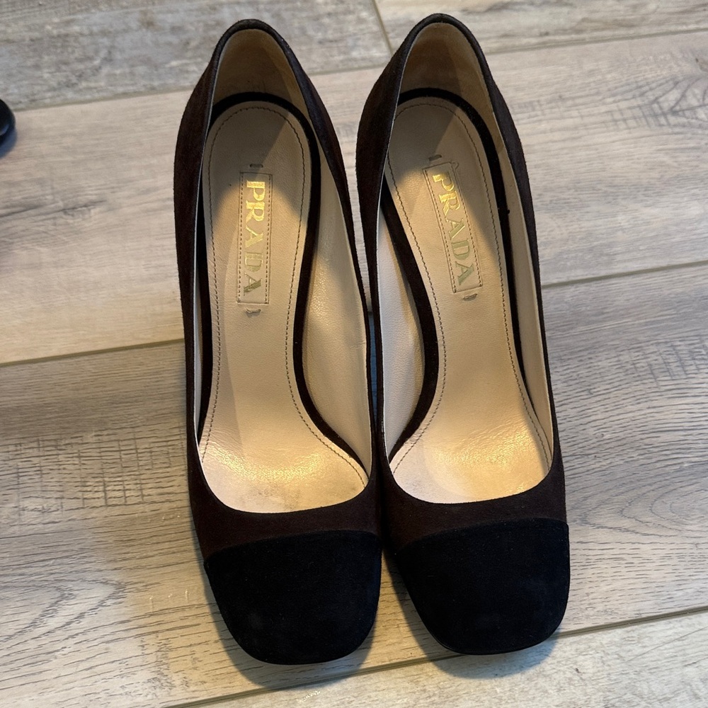 Prada Two-Tone Suede Cap-Toe Pumps in Brown and Black